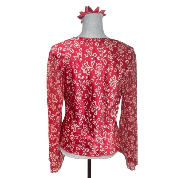 INC Y2K Blouse Flare Sleeve Whimsigoth Boho Silk Red Floral Fairy Size 8 - Picture 5 of 14
